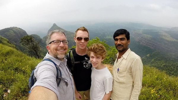 Mike, Zack, and Ben in the hills of Lonavala, India, with Suriya, our driver for the week we spent in Mumbai