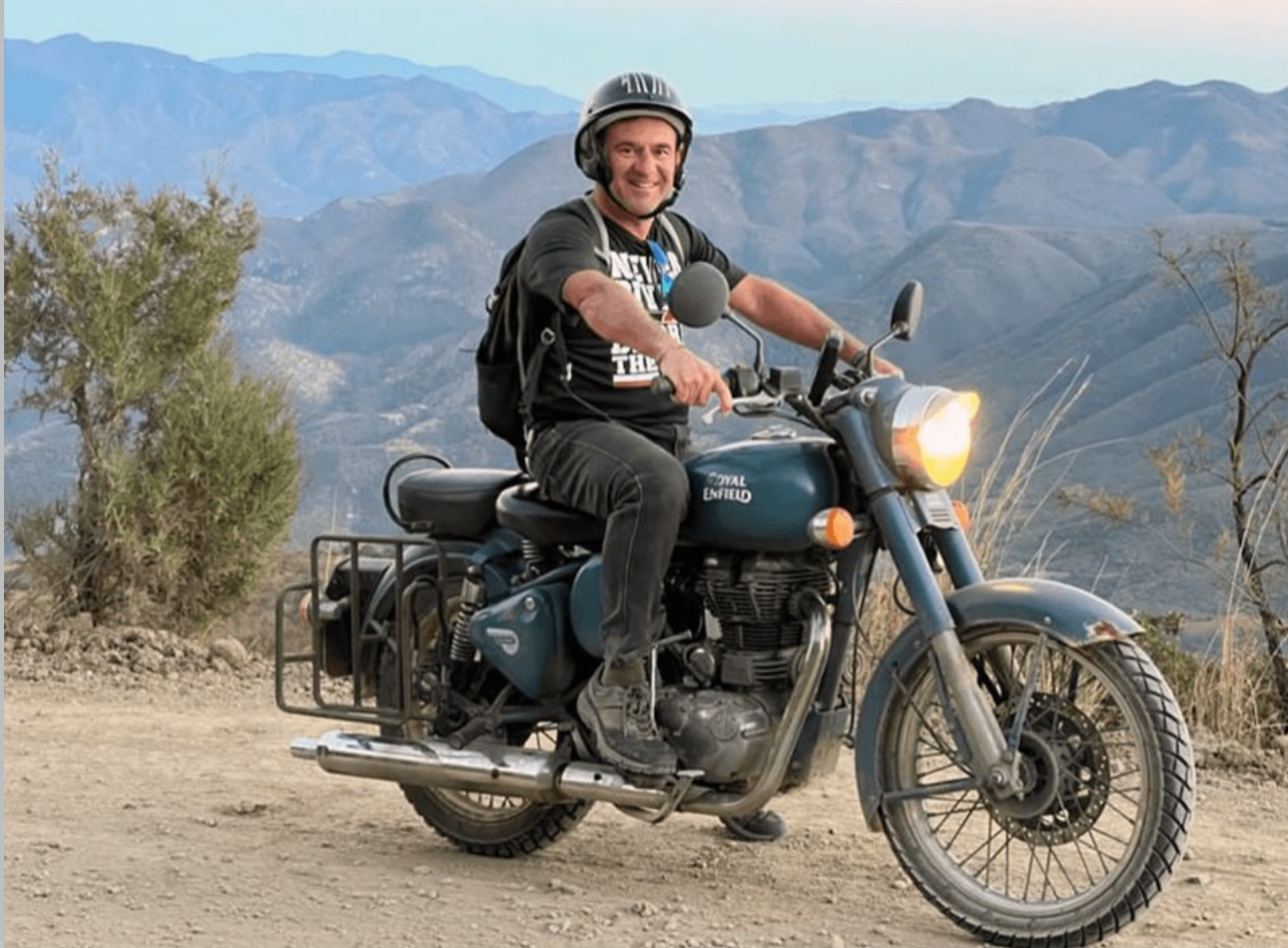 Spanish traveller Carlos Useros Moyano on his motorbike. Carlos is on his mission to visit every country in the world twice