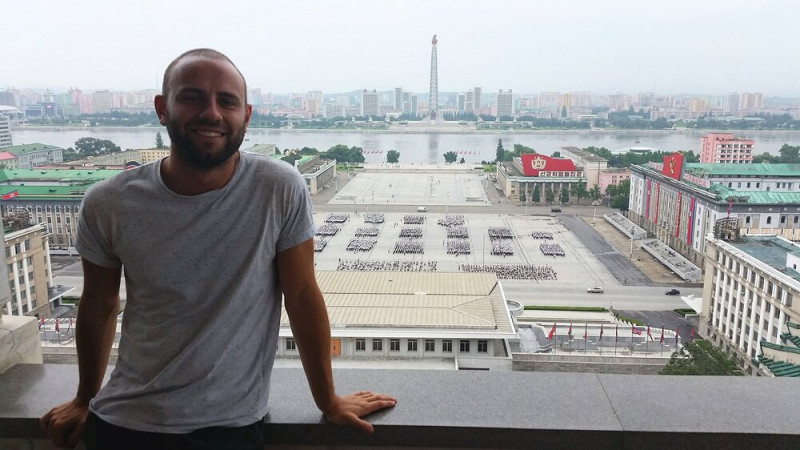 Mike Richards, author of 'The Travelling Ape' book, exploring Pyongyang, North Korea, as part of his global mission to travel to every country in the world.
