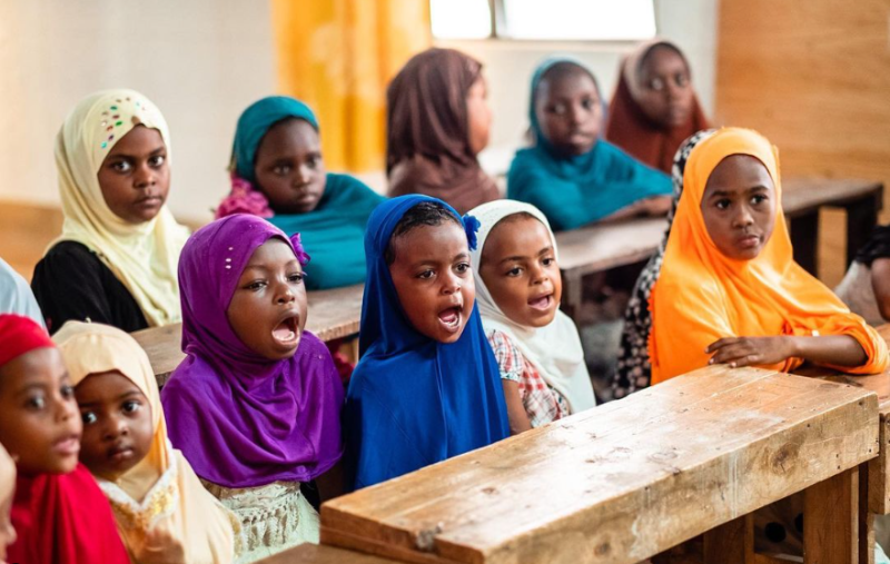 Little Muslim girls wearing hijabs at school in Kenya