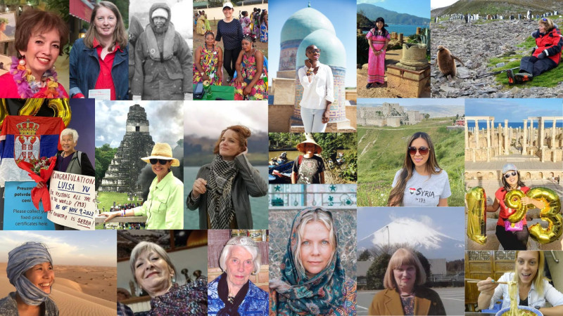 A collage of photos of women who visited every country