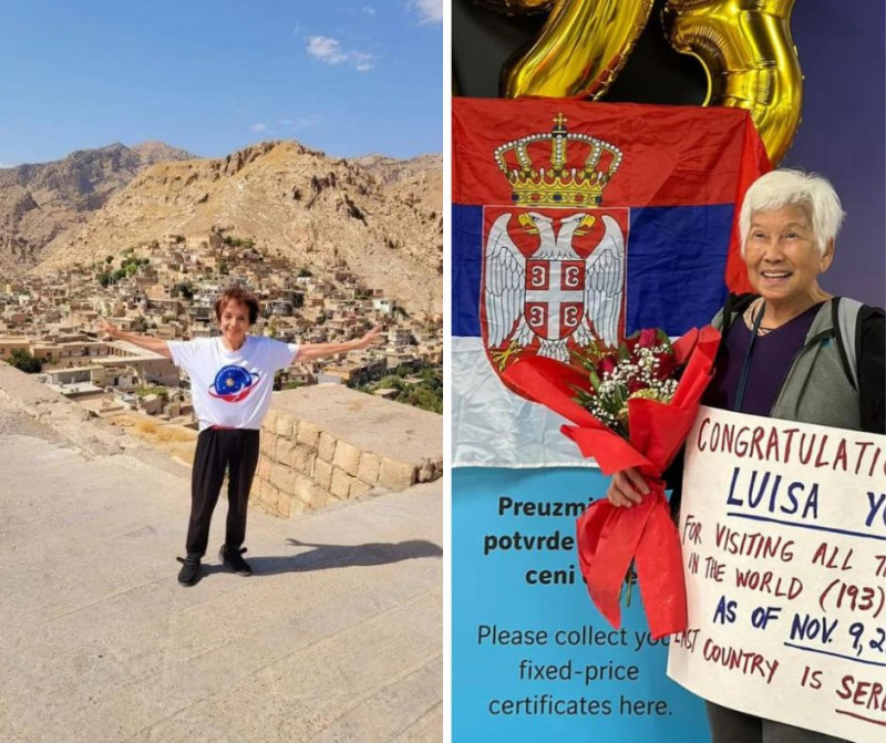 A coollage of pictures of Odette Ricasa and Luisa Yu, ytwo Philippino women who visited every country