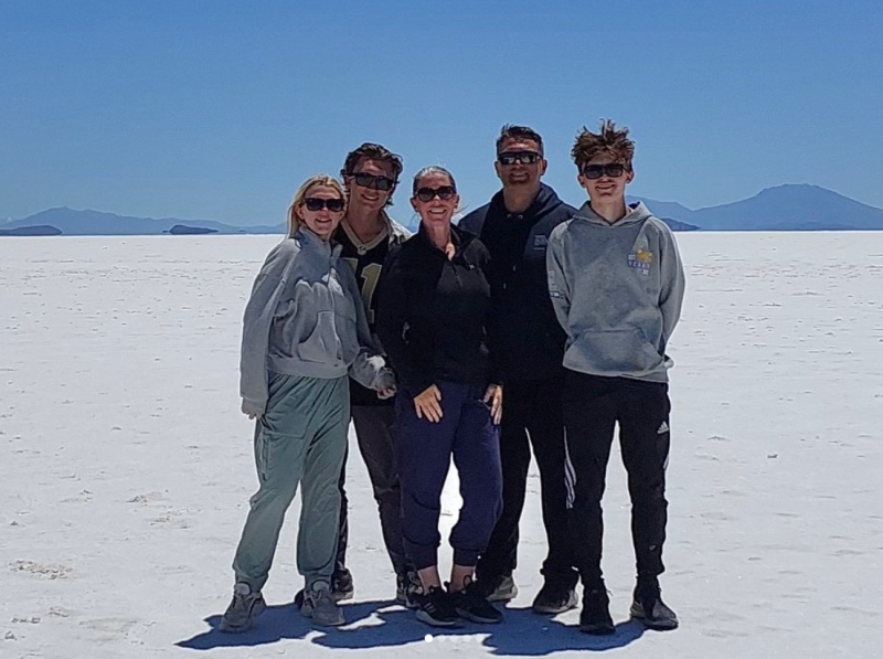 The Clayburn family at the Salar de Uyuni in Bolivia