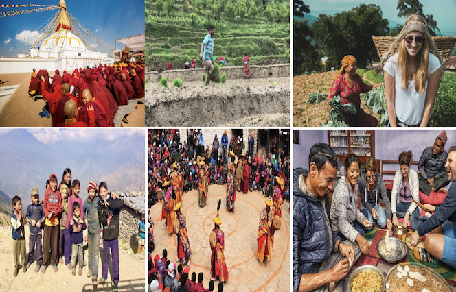 Collage of images from Nepal featuring monks at a stupa, farmers in fields, travelers with locals, village children, a traditional dance, and a communal meal.