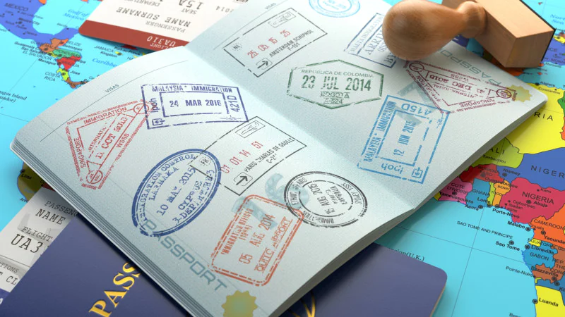 A picture od passport full of visa stamps on top of a map 
