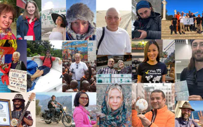 Collage of Globetrotters: Diverse faces of people who have traveled to every country in the world.