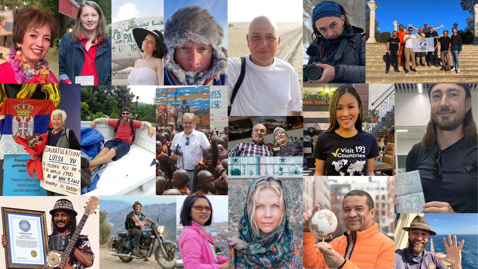 Collage of Globetrotters: Diverse faces of people who have traveled to every country in the world.