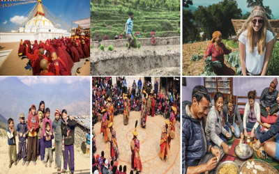 Collage of images depicting scenes from Nepal, including monks at a stupa, farmers working in terraced fields, travelers interacting with locals, children in a village, a traditional dance performance, and a communal meal.